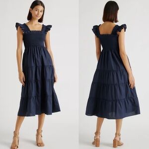 Quince 100% Organic Cotton Poplin Smocked Midi dress Navy Blue Sz S